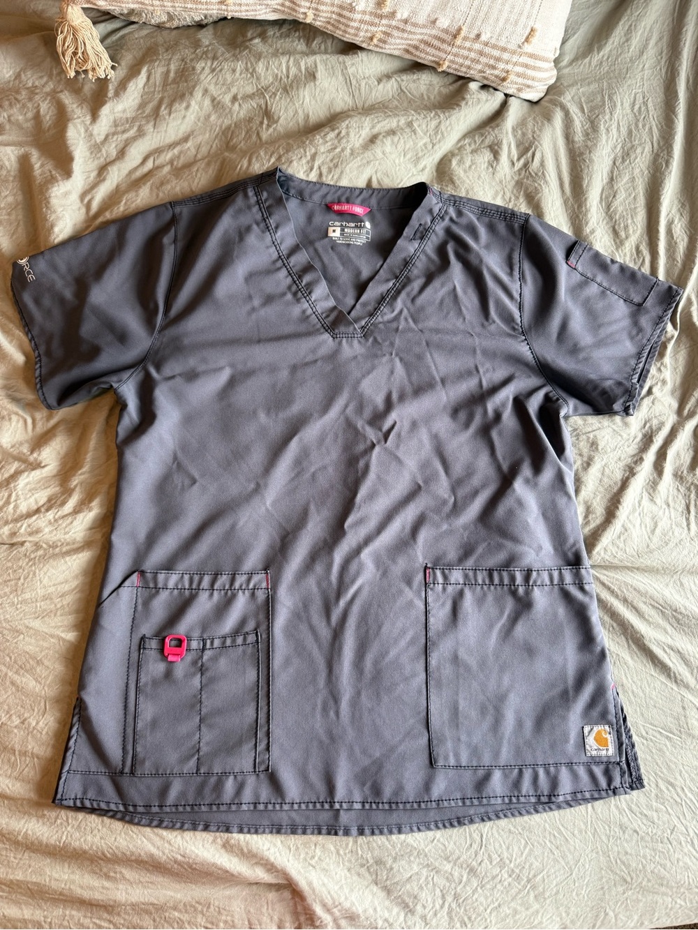 Carhartt Women's Dark Charcoal V-Neck Scrub Top with Pink Accents